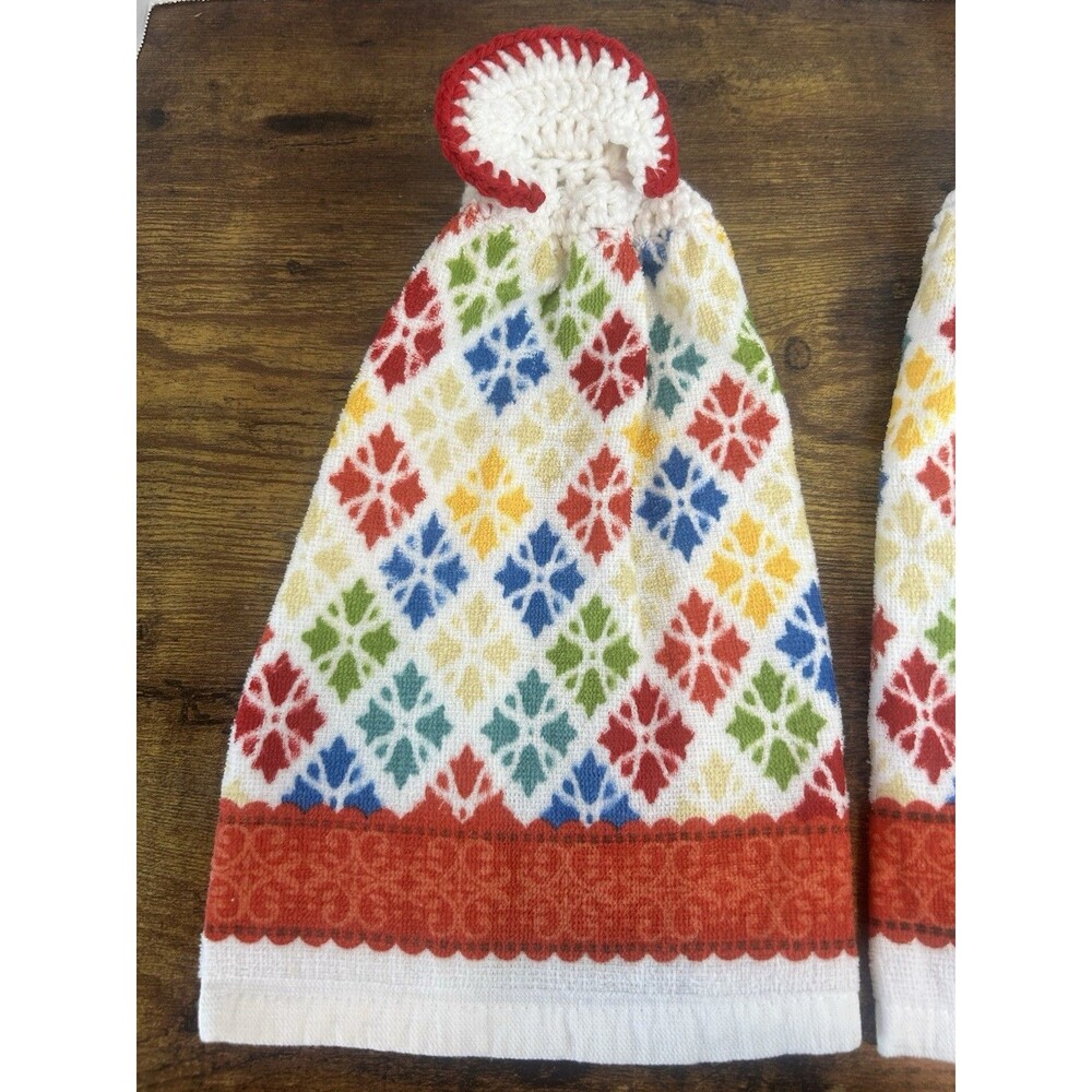Set 2 Crochet Top Hanging Kitchen Towels Colorful Nordic Farmhouse Decor - Picture 3 of 11